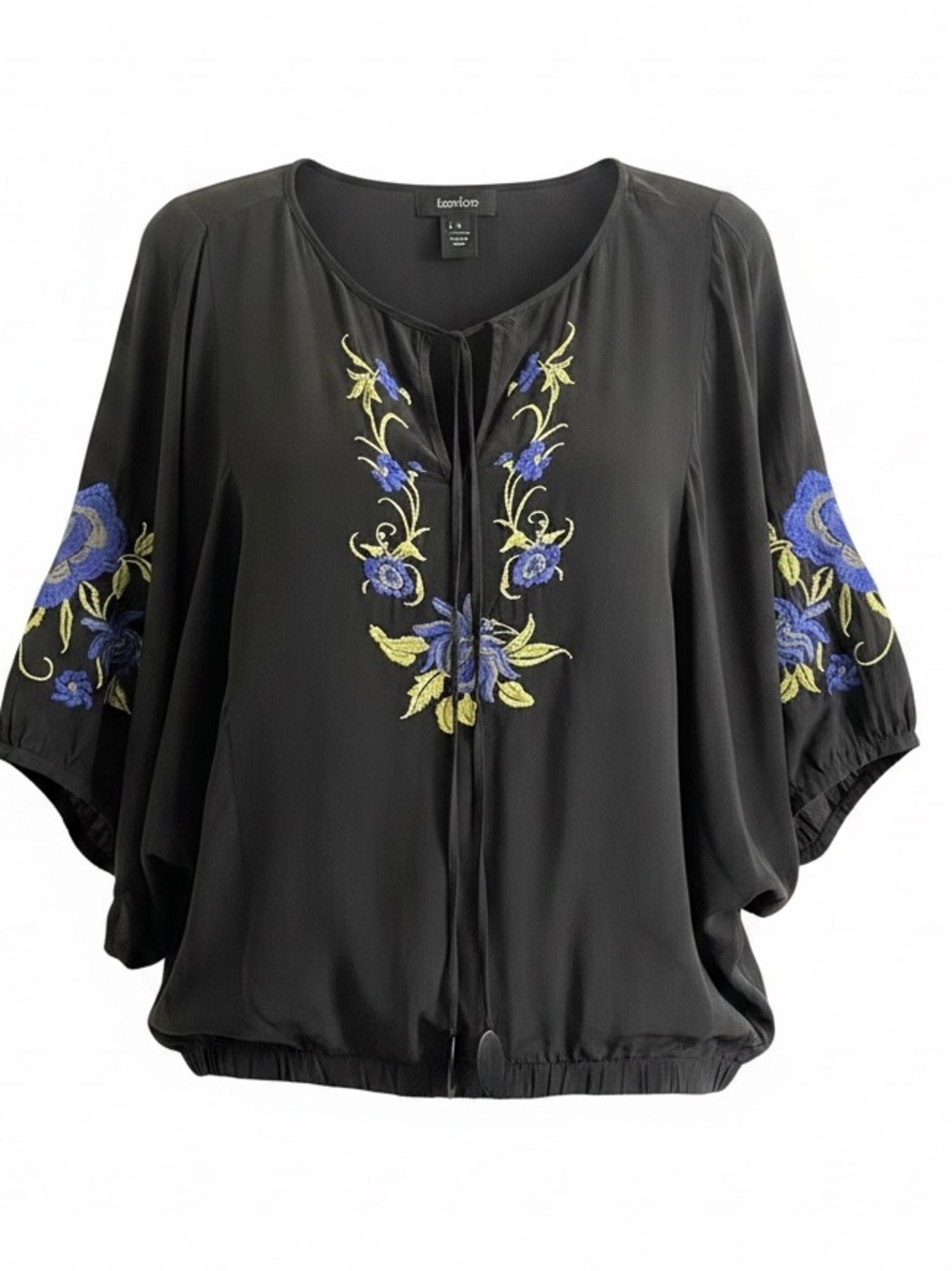 Karen Kane Bohemian-Style Black Embroidered Peasant Blouse Size Large